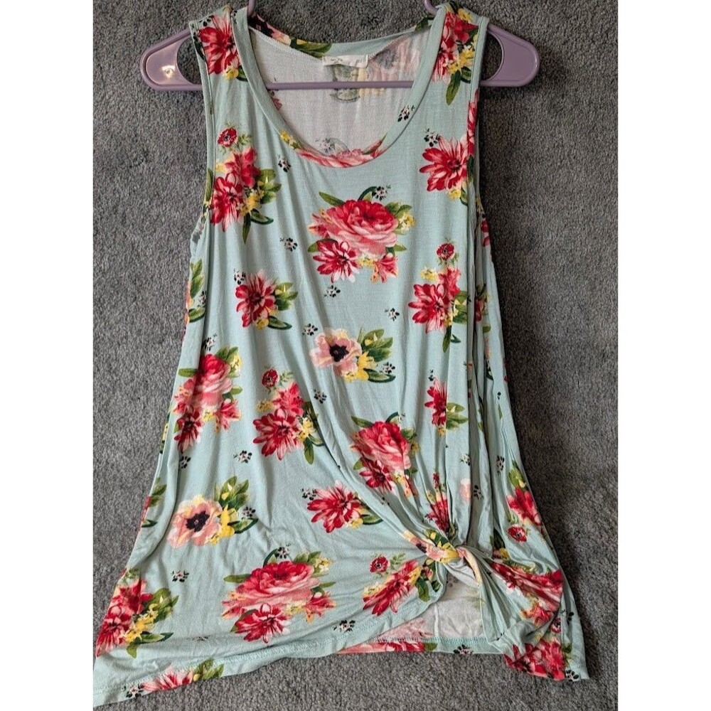 Reb & J Sleeveless Floral Knot Hem Tank Top Blue Multicolor Casual Size Small